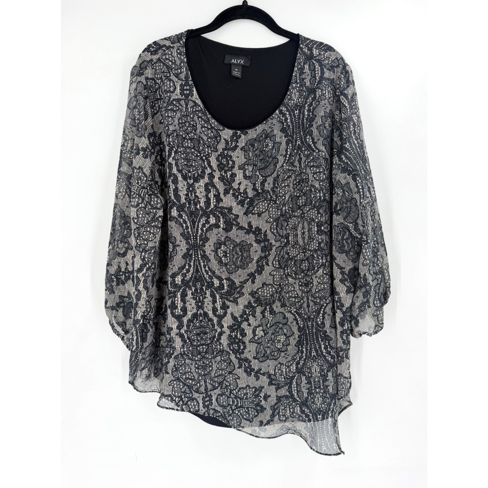 Alyx Blouse Women 1X Black Cream Lace Print Asymmetric Sheer Overlay Whimsigoth